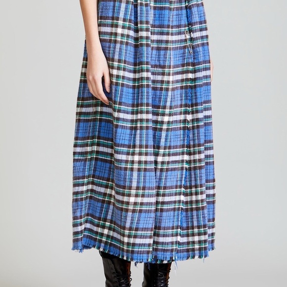 R13 100% Cotton Blue and Green Plaid Midi Skirt kilt - Picture 2 of 9